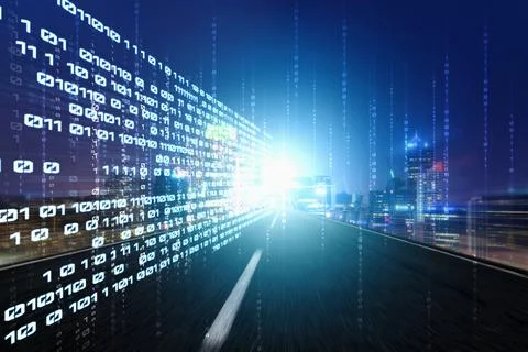 Digital data flow on road with motion blur to create vision of fast speed 스톡 사진