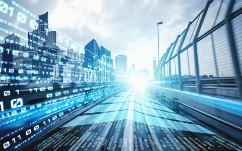 Digital data flow on road with motion blur to create vision of fast speed Foto stock