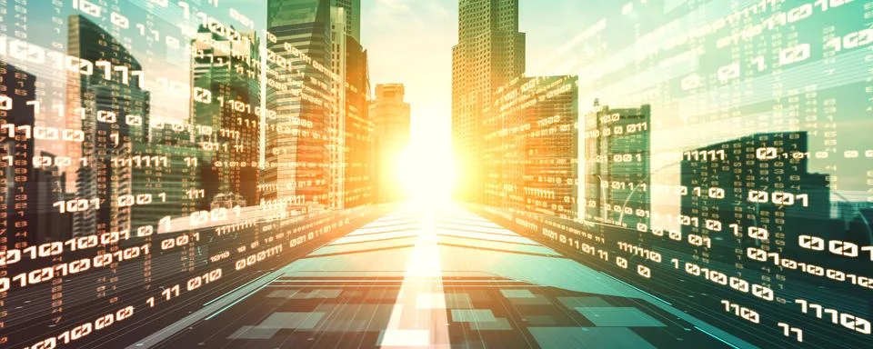 Digital data flow on road with motion blur to create vision of fast speed 스톡 사진