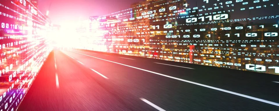 Digital data flow on road with motion blur to create vision of fast speed Foto stock