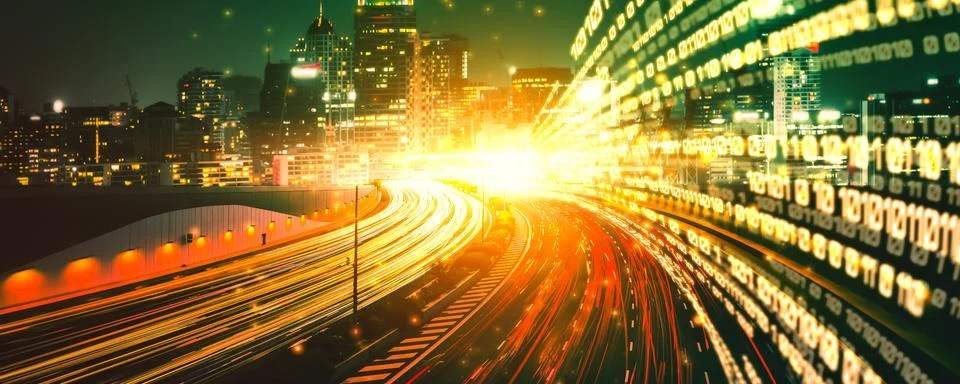 Digital data flow on road with motion blur to create vision of fast speed Foto stock
