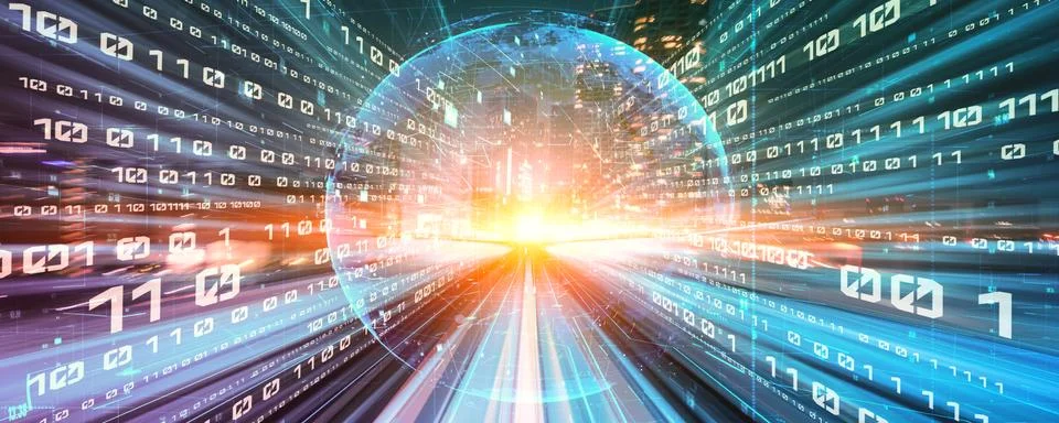 Digital data flow on road with motion blur to create vision of fast speed Stockfoto's