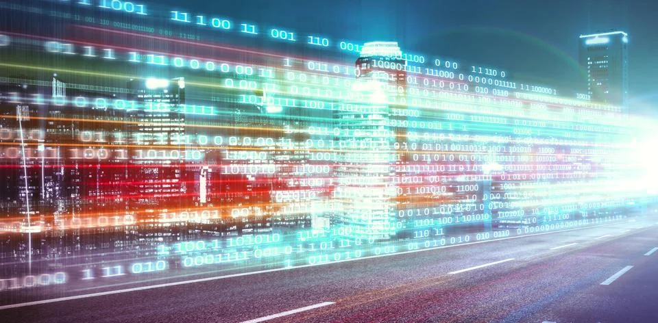 Digital data flow on road with motion blur to create vision of fast speed Foto stock