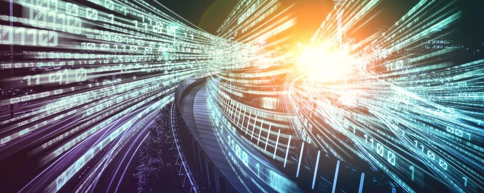 Digital data flow on road with motion blur to create vision of fast speed 스톡 사진