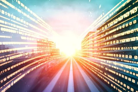 Digital data flow on road with motion blur to create vision of fast speed Stockfoto's