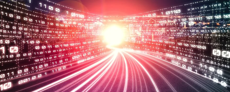 Digital data flow on road with motion blur to create vision of fast speed Foto stock