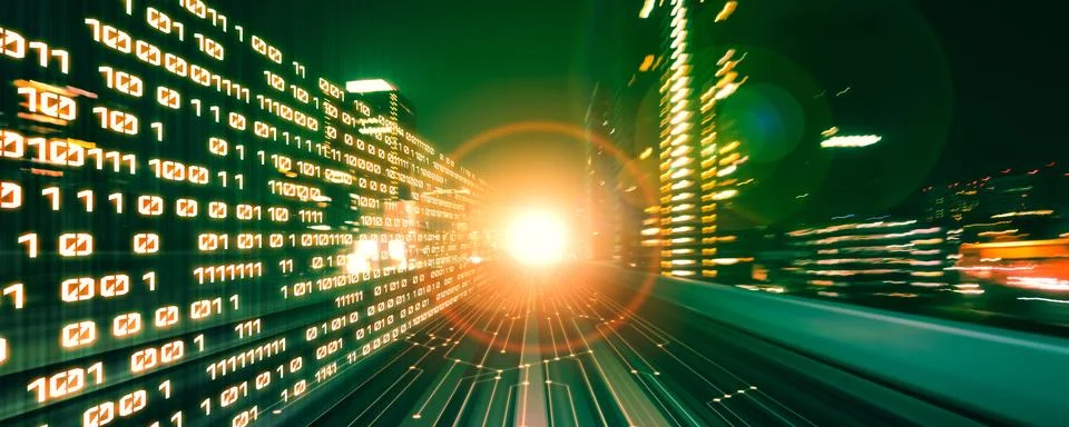 Digital data flow on road with motion blur to create vision of fast speed Foto stock