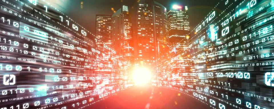 Digital data flow on road with motion blur to create vision of fast speed Stockfoto's