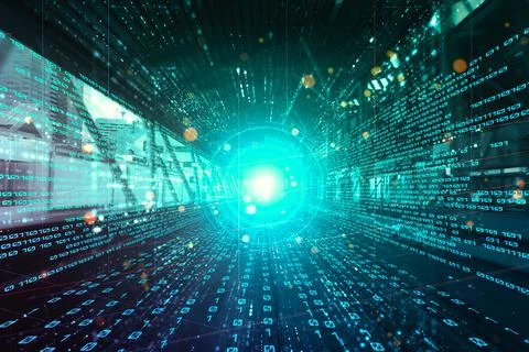 Digital data flow on road with motion blur to create vision of fast speed Foto stock