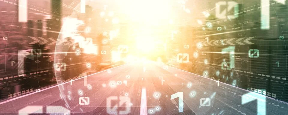 Digital data flow on road with motion blur to create vision of fast speed 스톡 사진