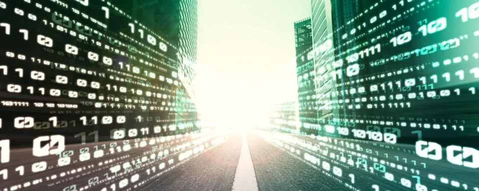 Digital data flow on road with motion blur to create vision of fast speed Stockfoto's