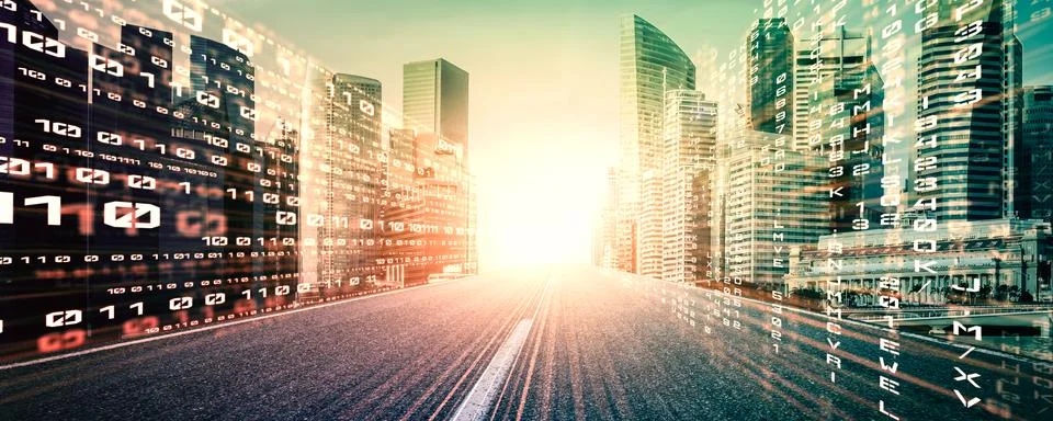 Digital data flow on road with motion blur to create vision of fast speed Stockfoto's