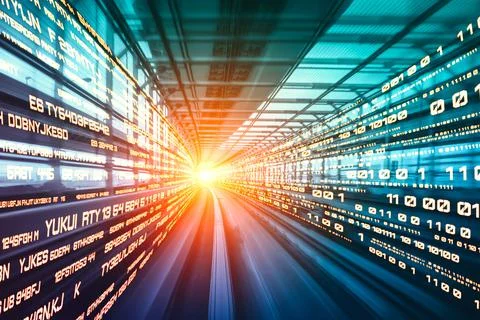 Digital data flow on road with motion blur to create vision of fast speed Foto stock