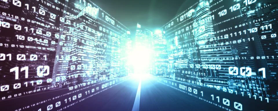 Digital data flow on road with motion blur to create vision of fast speed Foto stock