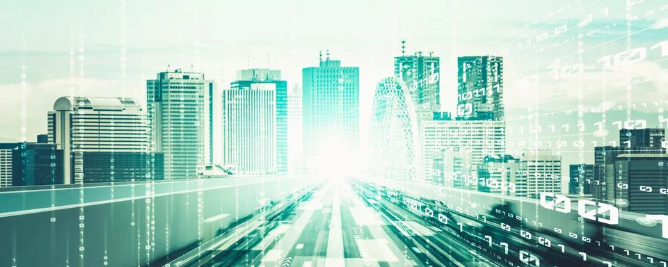 Digital data flow on road with motion blur to create vision of fast speed Foto stock