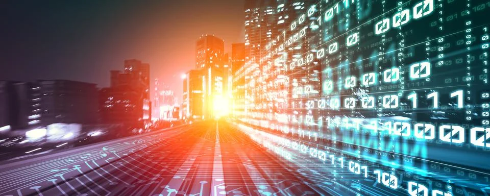 Digital data flow on road with motion blur to create vision of fast speed Foto stock