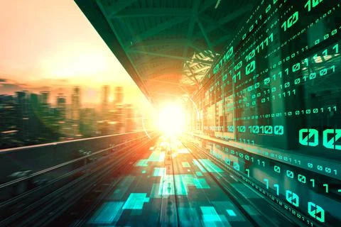 Digital data flow on road with motion blur to create vision of fast speed 스톡 사진