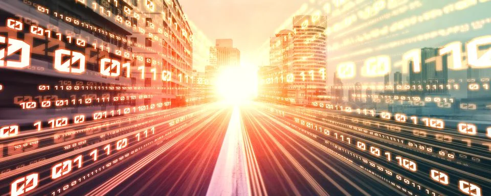 Digital data flow on road with motion blur to create vision of fast speed Foto stock