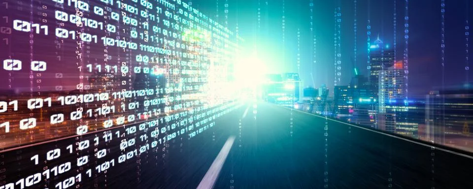 Digital data flow on road with motion blur to create vision of fast speed Stockfoto's