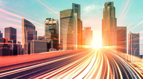 Digital data flow on road with motion blur to create vision of fast speed Foto stock