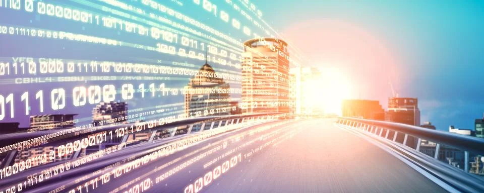 Digital data flow on road with motion blur to create vision of fast speed 스톡 사진