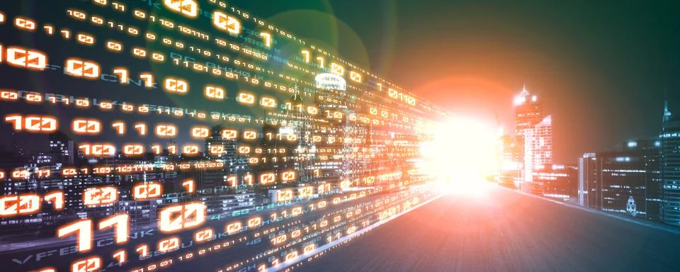 Digital data flow on road with motion blur to create vision of fast speed Foto stock