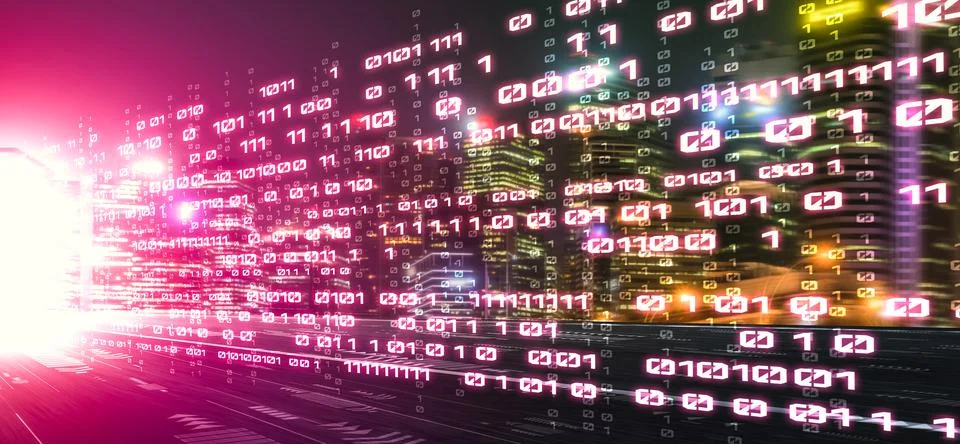 Digital data flow on road with motion blur to create vision of fast speed Stockfoto's