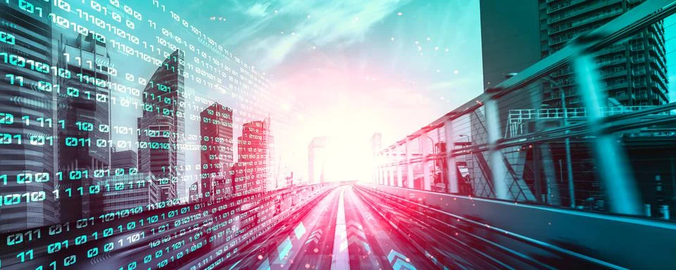 Digital data flow on road with motion blur to create vision of fast speed Stockfoto's