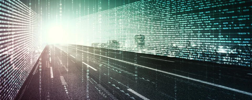 Digital data flow on road with motion blur to create vision of fast speed Stock Photos
