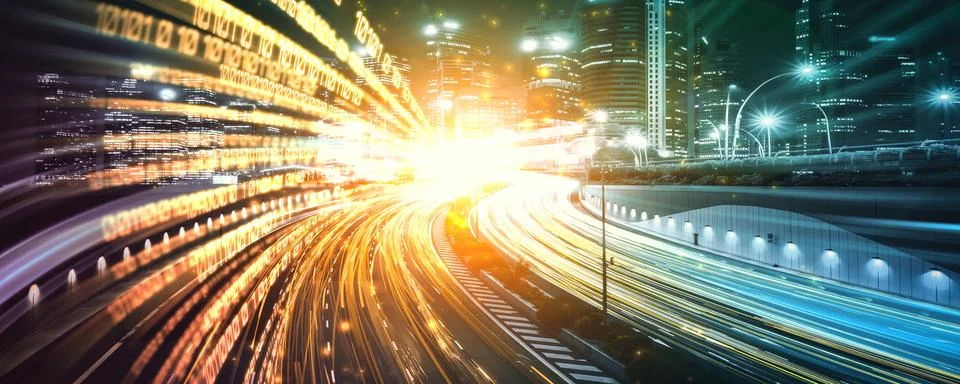 Digital data flow on road with motion blur to create vision of fast speed 스톡 사진