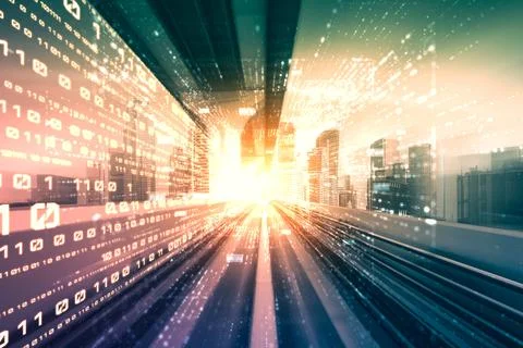 Digital data flow on road with motion blur to create vision of fast speed Foto stock