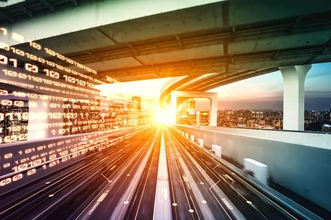 Digital data flow on road with motion blur to create vision of fast speed Stock Photos