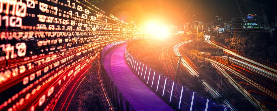 Digital data flow on road with motion blur to create vision of fast speed 스톡 사진