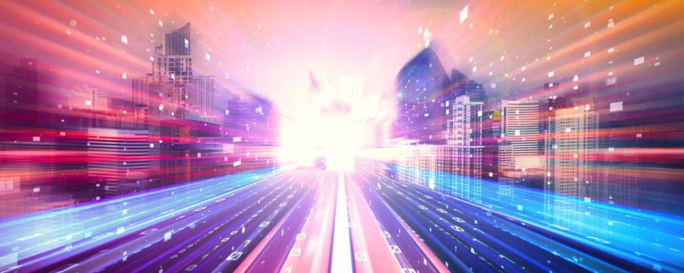 Digital data flow on road with motion blur to create vision of fast speed Foto stock
