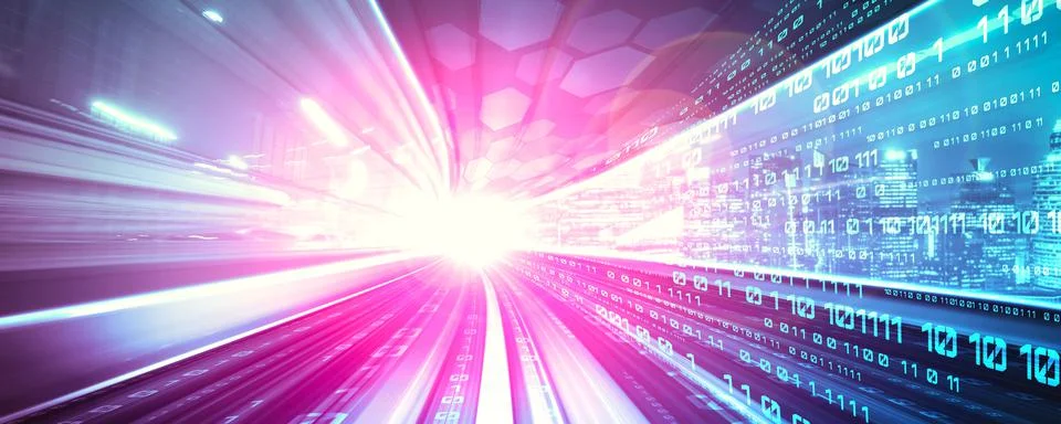 Digital data flow on road with motion blur to create vision of fast speed Foto stock