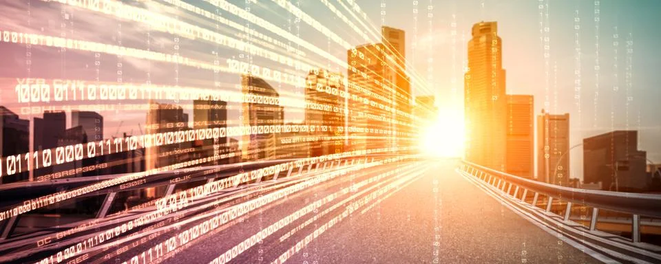 Digital data flow on road with motion blur to create vision of fast speed Stock Photos