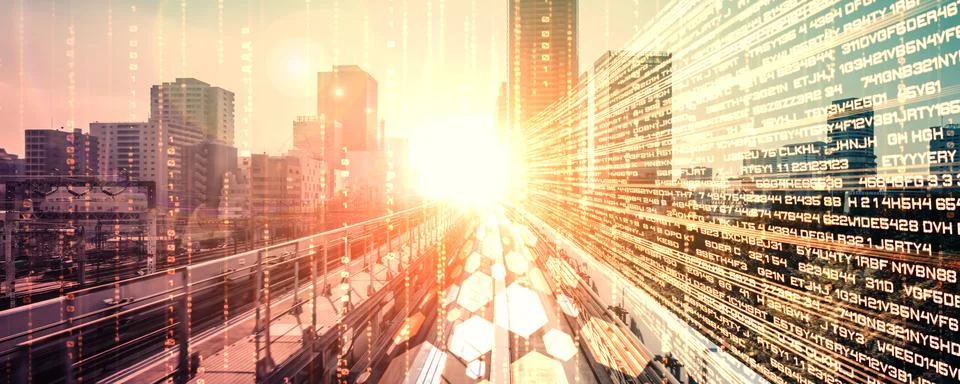 Digital data flow on road with motion blur to create vision of fast speed Foto stock