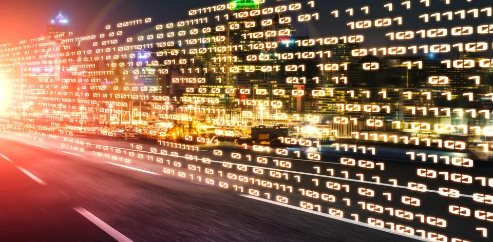 Digital data flow on road with motion blur to create vision of fast speed Stock Photos
