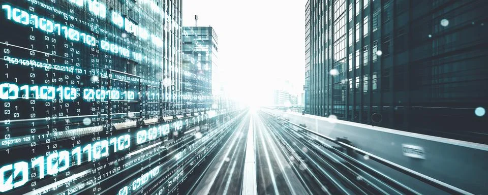 Digital data flow on road with motion blur to create vision of fast speed Stockfoto's