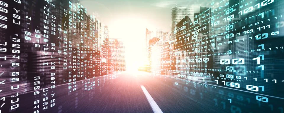 Digital data flow on road with motion blur to create vision of fast speed Stock Photos