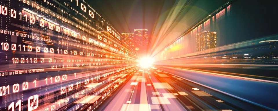 Digital data flow on road with motion blur to create vision of fast speed Foto stock