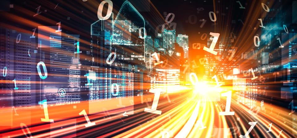 Digital data flow on road with motion blur to create vision of fast speed 스톡 사진