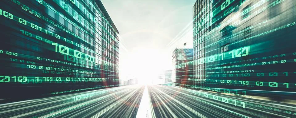 Digital data flow on road with motion blur to create vision of fast speed 스톡 사진