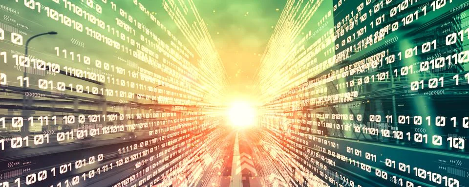 Digital data flow on road with motion blur to create vision of fast speed 스톡 사진