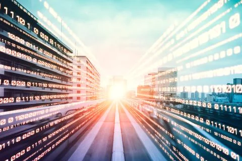 Digital data flow on road with motion blur to create vision of fast speed Stockfoto's