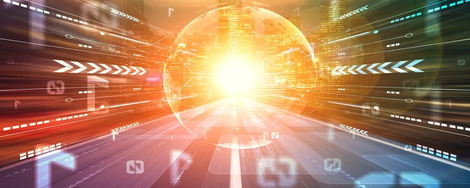 Digital data flow on road with motion blur to create vision of fast speed Stock Photos