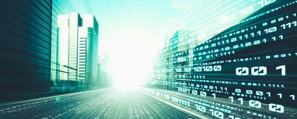 Digital data flow on road with motion blur to create vision of fast speed Stock Photos