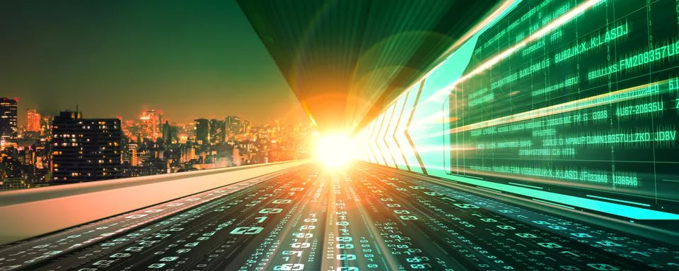 Digital data flow on road with motion blur to create vision of fast speed Stockfoto's