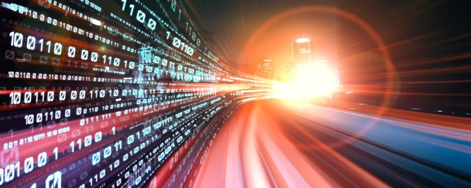 Digital data flow on road with motion blur to create vision of fast speed Foto stock