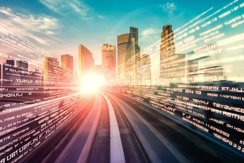 Digital data flow on road with motion blur to create vision of fast speed Stock Photos